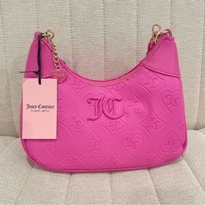 NEW Juicy Couture Hot Pink Embossed Monogram Heart Hobo Crossbody Bag
